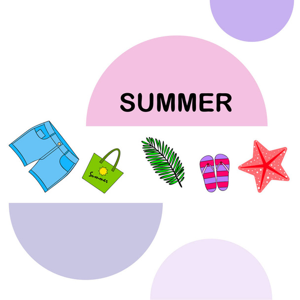 Summer vacation. Beach bag, slippers, shorts, starfish, tropical sheet. Vector background - Διάνυσμα, εικόνα