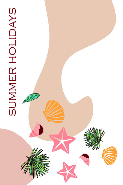 Summer rest. Starfish, seashell, leaves of tropical plants. Vector background - Vector, imagen