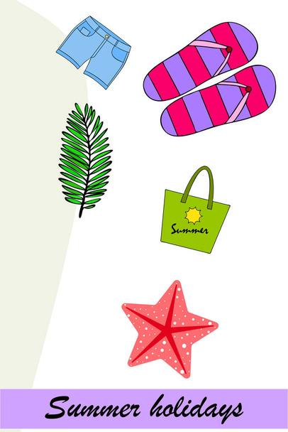 Summer vacation. Beach bag, slippers, shorts, starfish, tropical sheet. Vector background - Vektor, obrázek