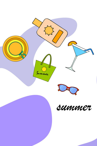 Διακοπές στην παραλία. Γυαλιά ηλίου, καπέλο, τσάντα παραλίας, κοκτέιλ, αντηλιακό. Διανυσματικό φόντο. - Διάνυσμα, εικόνα