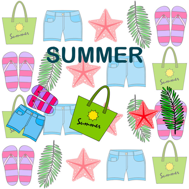 Summer vacation. Beach bag, slippers, shorts, starfish, tropical sheet. Vector background - Вектор,изображение