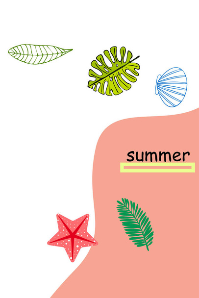 Nyári pihenés. Tengeri hal, kagyló, trópusi növények levelei. Vektorháttér - Vektor, kép