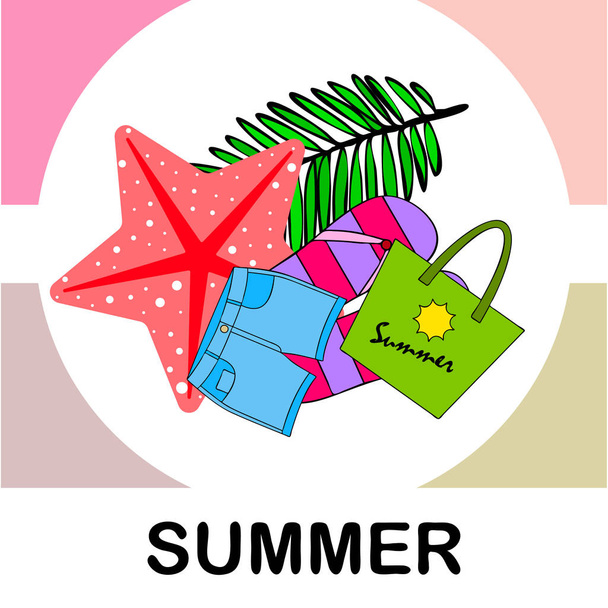 Summer vacation. Beach bag, slippers, shorts, starfish, tropical sheet. Vector background - Vettoriali, immagini