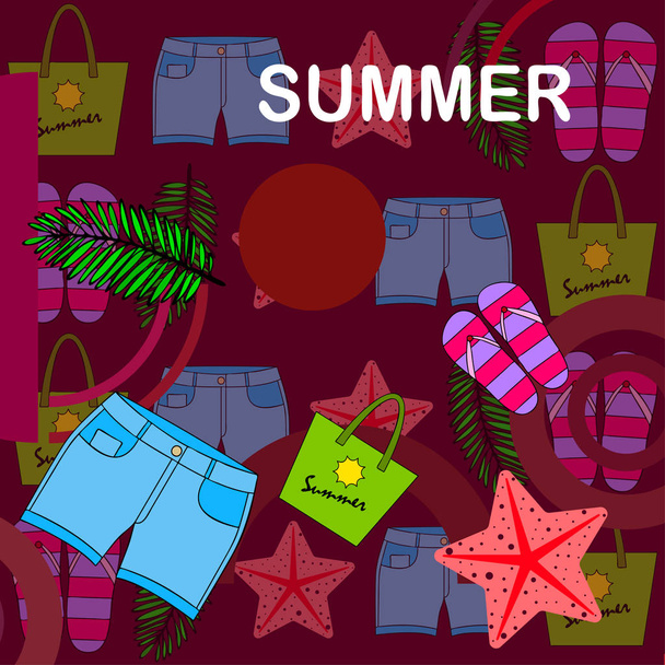Vacanze estive. Borsa da spiaggia, pantofole, pantaloncini, stelle marine, lenzuolo tropicale. Sfondo vettoriale
 - Vettoriali, immagini