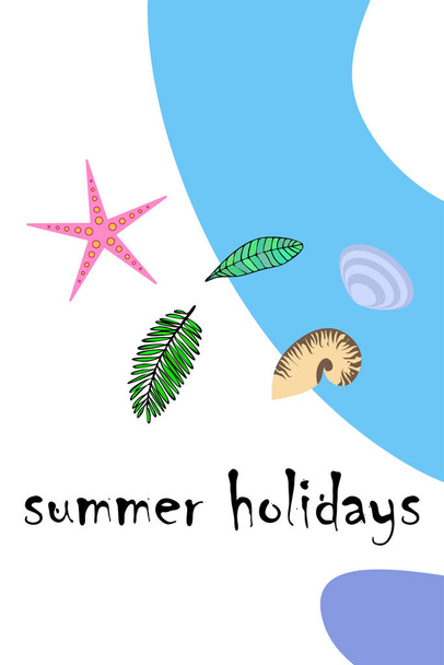 Summer rest. Starfish, seashell, leaves of tropical plants. Vector background - Vektor, obrázek