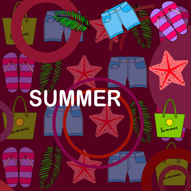 Summer vacation. Beach bag, slippers, shorts, starfish, tropical sheet. Vector background - Vektori, kuva
