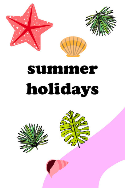 Summer rest. Starfish, seashell, leaves of tropical plants. Vector background - Wektor, obraz