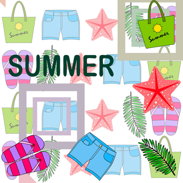 Summer vacation. Beach bag, slippers, shorts, starfish, tropical sheet. Vector background - Vector, afbeelding