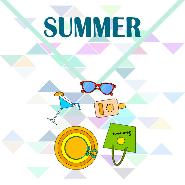 Beach vacation. Sunglasses, hat, beach bag, cocktail, sunscreen. Vector background. - Vektör, Görsel