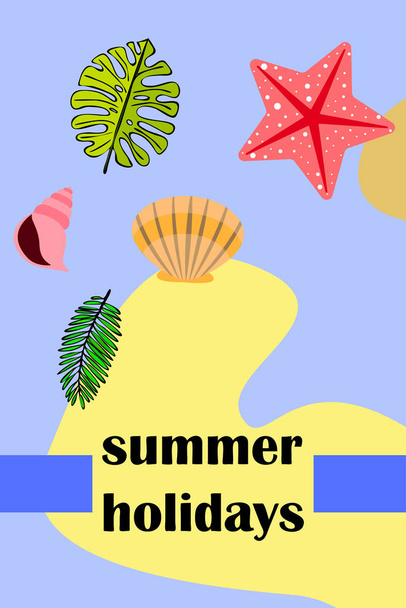 Summer rest. Starfish, seashell, leaves of tropical plants. Vector background - Vektor, kép