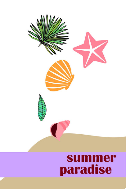 Summer rest. Starfish, seashell, leaves of tropical plants. Vector background - Vecteur, image