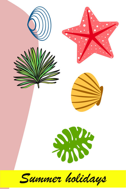 Summer rest. Starfish, seashell, leaves of tropical plants. Vector background - Vektör, Görsel
