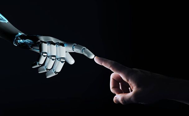 Robot hand making contact with human hand on dark background 3D  - Fotoğraf, Görsel