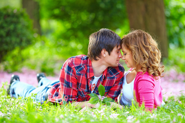 beautiful young couple in love lying in spring grass - Foto, Imagem