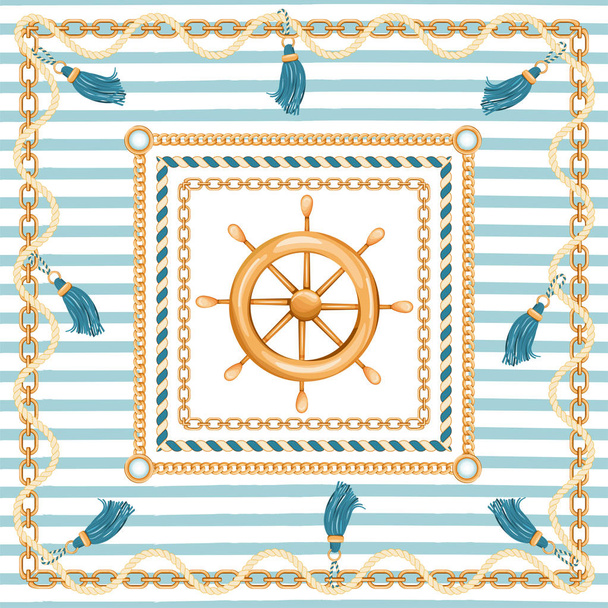 金色の鎖、ロープ、タッセル、船の車輪および海洋の縞が付いている抽象的な幾何学的パターン. - ベクター画像