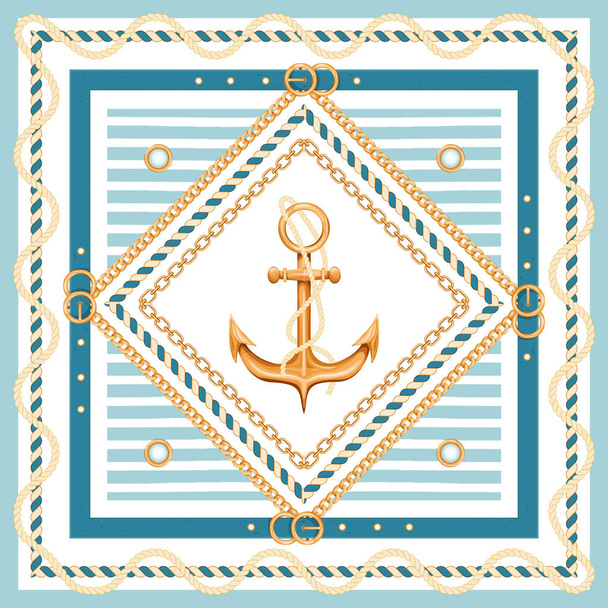 Abstract geometric pattern with golden chains, rope, belts, anchor and marine stripes. - Vector, Image