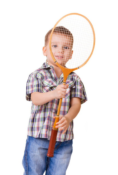 Boy with badminton racket on white - Fotografie, Obrázek