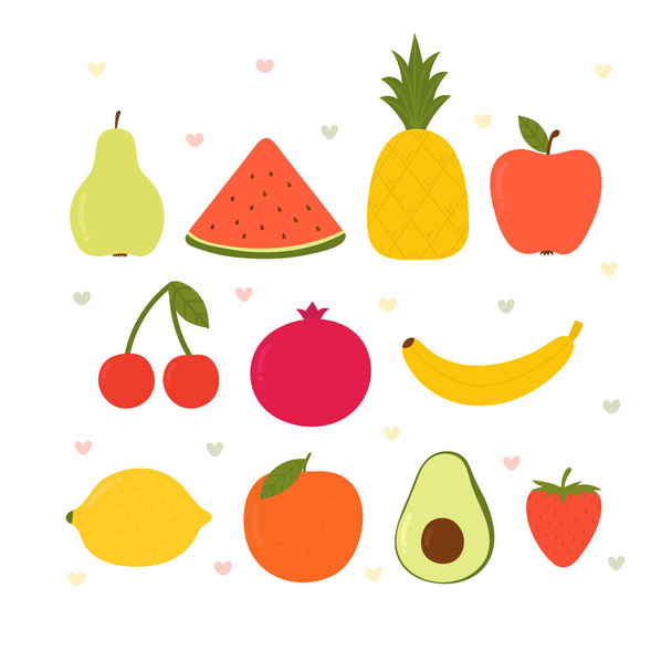 Cute cartoon kawaii fruits. Healthy style collection. Flat style. Vegetarian food - ベクター画像