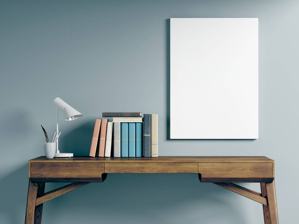 Mock up poster on working desk, blue background, 3d render, 3d illustration - Φωτογραφία, εικόνα