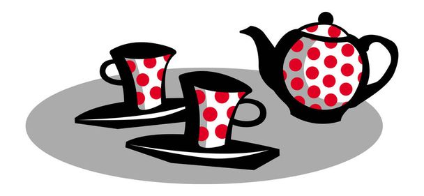 Tea set for two. Kettle and cups. Vector drawing. - Vektor, obrázek