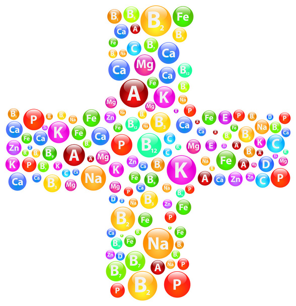 Символ медицинского креста с витаминами и минералами
 - Вектор,изображение
