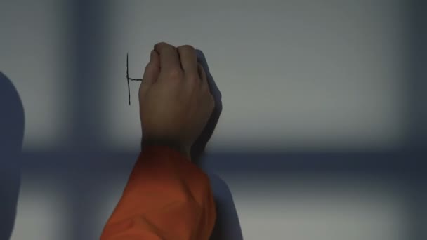 Αβοήθητος κρατούμενος που διαβάζει την Αγία Γραφή στο κελί, ζητώντας έλεος από τον Θεό, κοντινό - Πλάνα, βίντεο