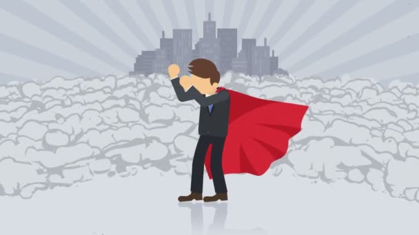 都市の背景に立つスーパーヒーロー。ほこりの雲の近くビジネス シンボル。リーダーシップとアチーブメントのコンセプト。コミックループアニメーション. - 映像、動画