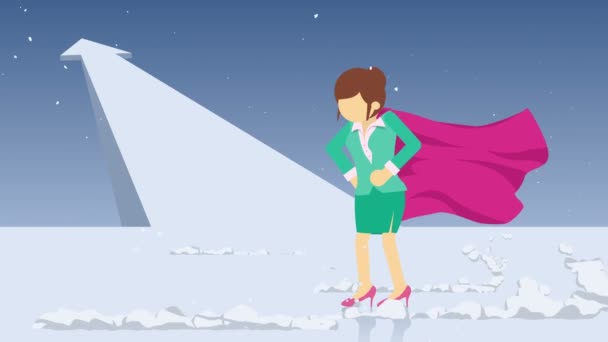Pfeil nach oben. Superheld, der in der Nähe einer Staubwolke steht. Geschäftsfrau-Symbol. Führungs- und Herausforderungskonzept. Comic-Loop-Animation. - Filmmaterial, Video