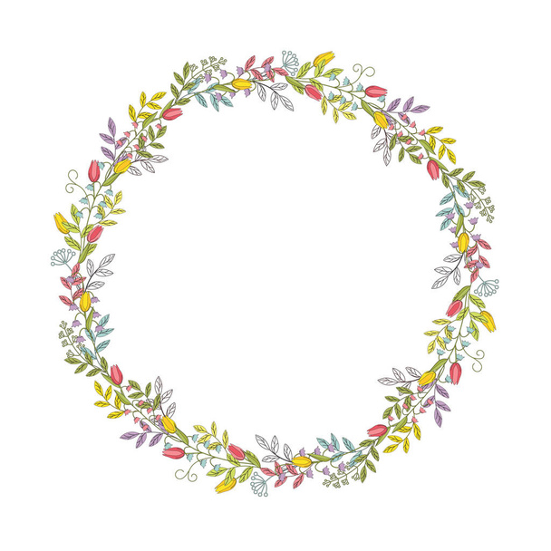 A wreath of branches, leaves, flowers, tulips, lilies of the valley and blades of grass with tendrils. A color with a black outline vector. Isolated on white background. - Διάνυσμα, εικόνα