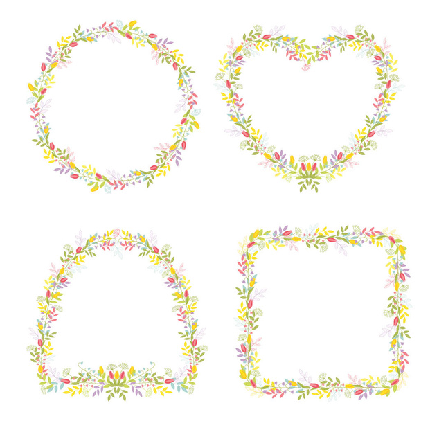 Set van vier frames van verschillende vormen met bloemen en takken met bladeren voor feestelijke ontwerp en decoratie. Geïsoleerde vector kleur op witte achtergrond. - Vector, afbeelding
