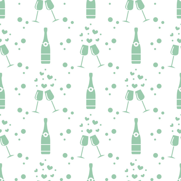 Seamless holiday pattern. Hearts, glasses, bottle - Vektör, Görsel