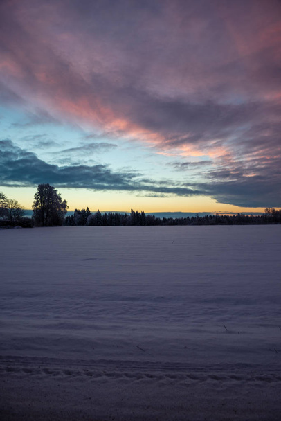 luz solar colorida sobre campos de neve no inverno no campo
 - Foto, Imagem