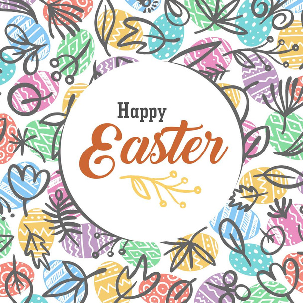 Happy Easter greetings card with colorful eggs and floral pattern background. Vector flat celebration illustration - Vecteur, image