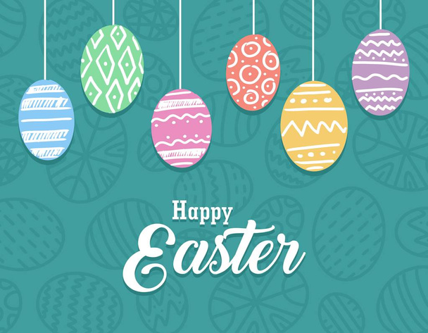 Happy Easter poster with colorful eggs and pattern green background. Vector flat celebration holiday illustration - Vector, Imagen