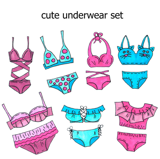 Conjunto de lingerie rosa e azul. Design de roupa interior Marker Art
. - Foto, Imagem