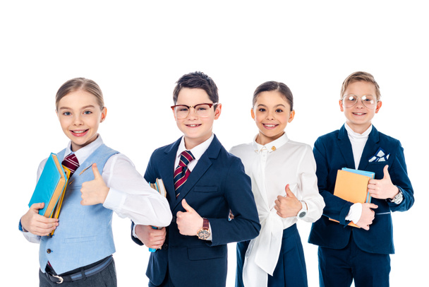 smiling schoolchildren pretending to be businesspeople with books showing thumbs up Isolated On White - Fotó, kép
