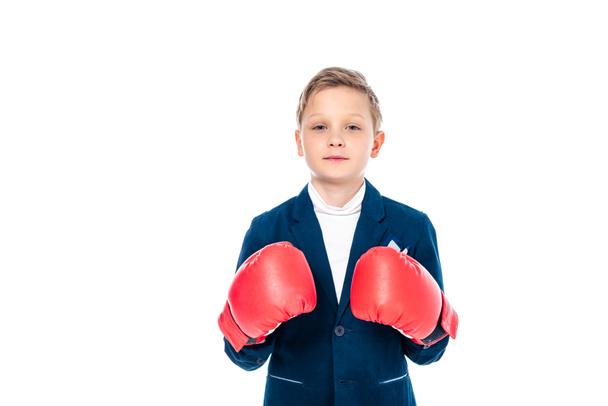 schoolboy in boxing gloves looking at camera Isolated On White with copy space - Fotoğraf, Görsel