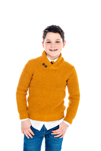 adorable smiling boy in casual clothes looking at camera isolated on white - Foto, afbeelding