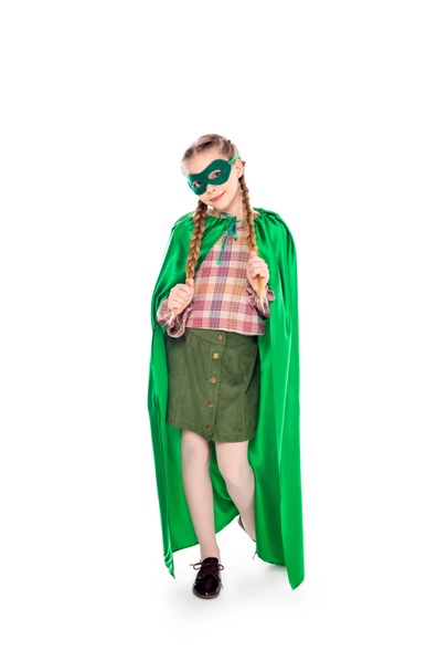 kid in superhero costume and mask posing Isolated On White - Valokuva, kuva