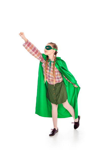 child in superhero costume and mask with outstretched hand On White - Photo, Image