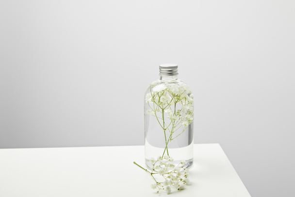 bottle with organic shampoo and wildflowers on white table on grey background - Foto, imagen