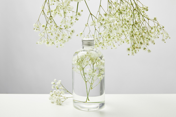 natural beauty product in transparent bottle and white wildflowers around on grey background - Fotografie, Obrázek
