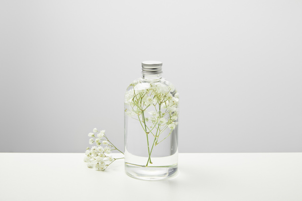 organic beauty product in transparent bottle and white wildflowers on grey background - Photo, Image