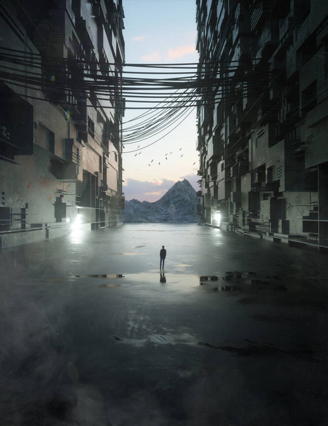 Silhouette masculine noire debout dans un paysage urbain post-apocalyptique ruiné
  - Photo, image