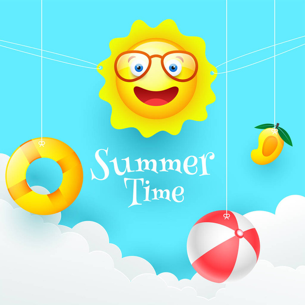 Summertime celebration poster or template design with cute sun,  - Vektor, Bild