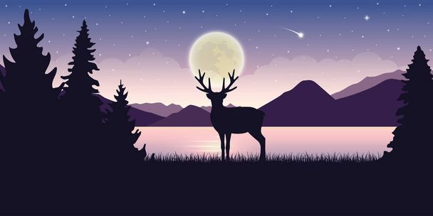 満月と星空神秘的な風景と夜の自然美しい湖で孤独な野生動物のトナカイ - ベクター画像
