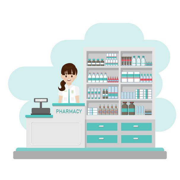 Interior de la farmacia con farmacéutico y cajero contador plano diseño ilustración vector
. - Vector, Imagen