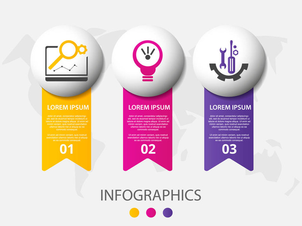 Vektor infographic 3D sablon három címke, diagram, grafikon, prezentáció és körök. Üzleti koncepció 3 opcióval. Tartalom, folyamatábra, lépések, alkatrészek, ütemterv, munkafolyamat, diagram. Eps10 - Vektor, kép