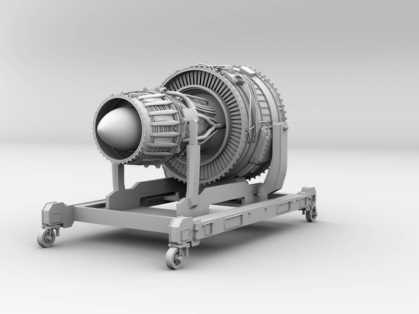 Clay rendering van turbojet motor op grijze achtergrond. Achteraanzicht. 3D-beeldweergave. - Foto, afbeelding