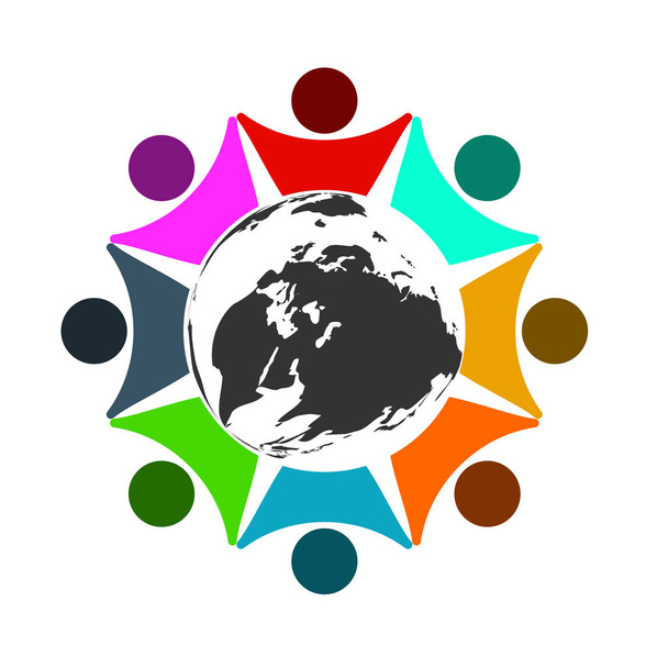 Concept logo połączenie grupy, osiem osób w kręgu świata, spotkanie pracy zespołowej, wektor ilustracji - Wektor, obraz